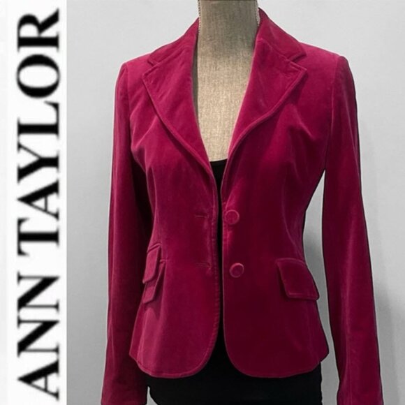 Ann Taylor Fuchsia Velvet Blazer Size 0 Tailored Pink Jacket - Picture 1 of 15
